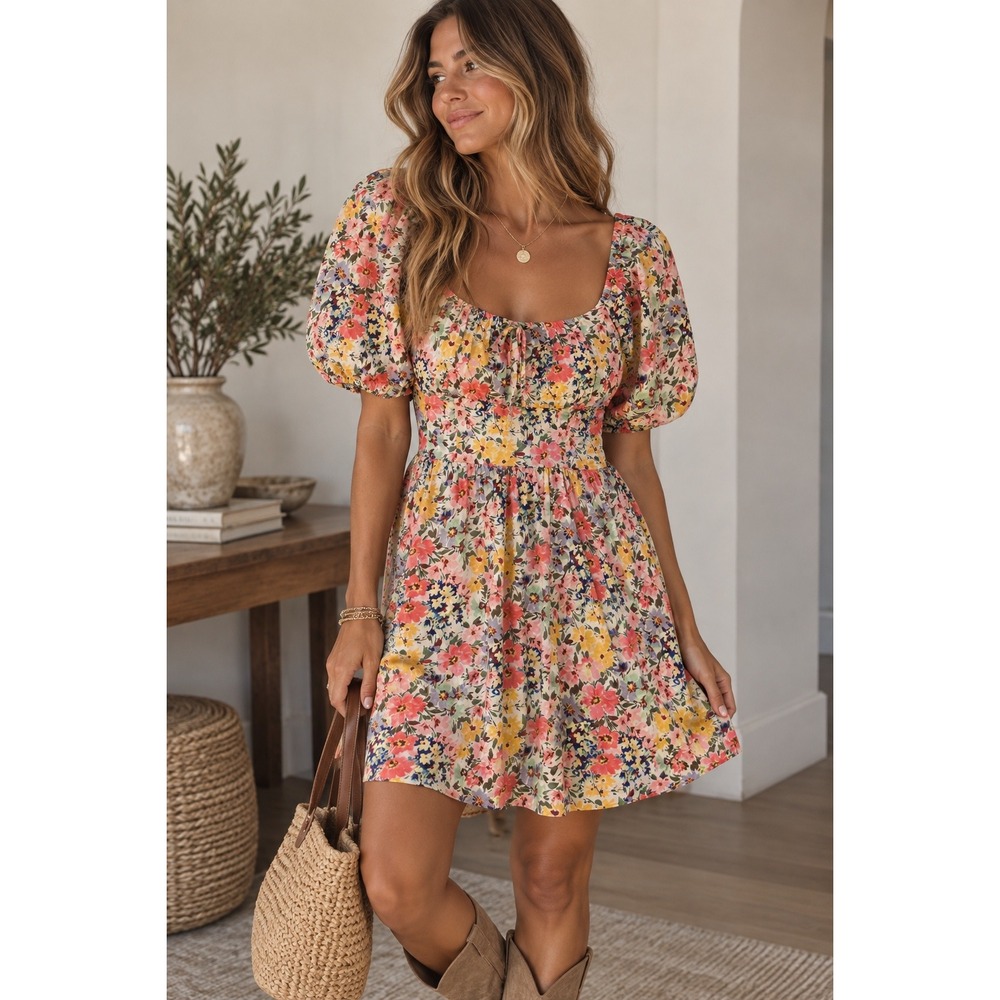 Gap Women Floral Puff Sleeve MiniDress Square Neck Smocked Back 100%Cotton NWT S